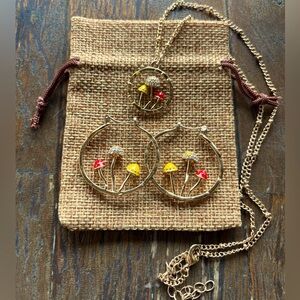 Brand New Gold Mushroom Necklace and Mushroom Hoop Earrings Gift for Girlfriend